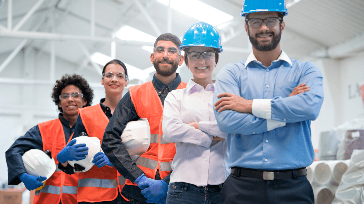 Happy manufacturing employees due to high employee engagement